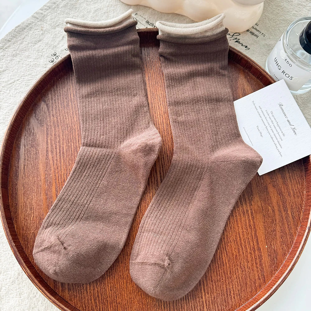 Lbsfy Autumn Winter Women's Tube Pile Socks Pure Cotton Double-layer Rolled Edge Y2K Trendy Sock Vertical Striped Cotton Female Socks