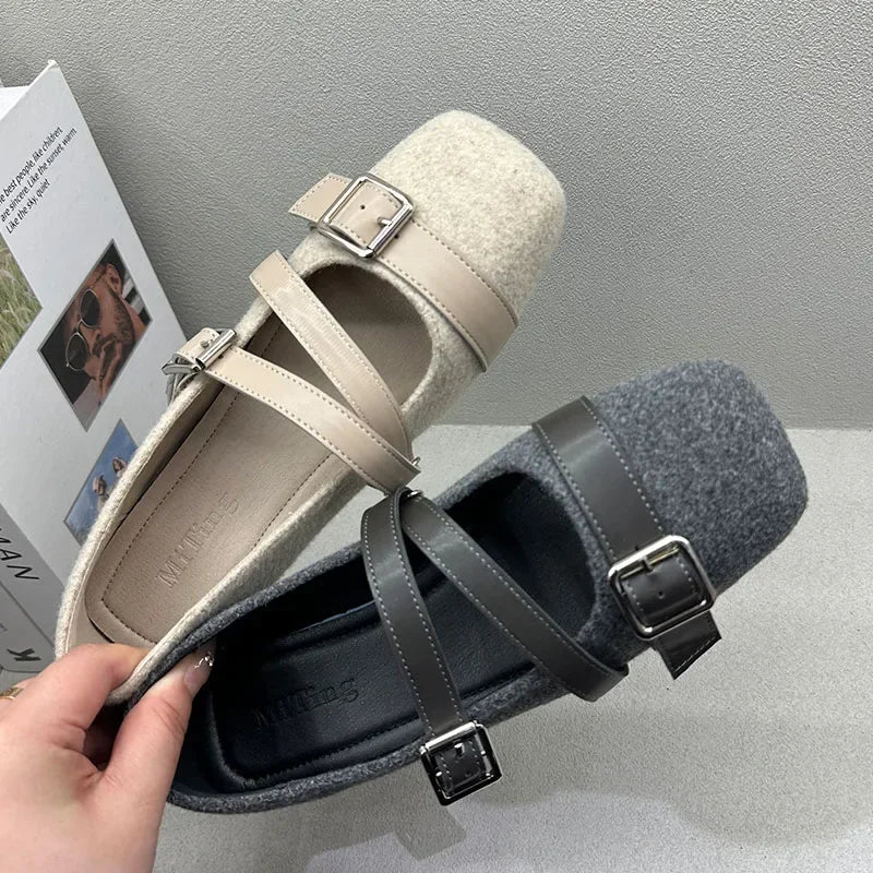 Lbsfy Belt Buckle Design Flat Mary Jane Shoes Women Comfort Soft Sole Leisure Women Shoes Shallow Fashion Elegant Ballet Shoes Female