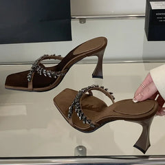 LBSFY -Street Style CRYSTAL Narrow Band Slippers Woman Open Toe Thin High Heels Sandals Stripper Party Slides Shoes