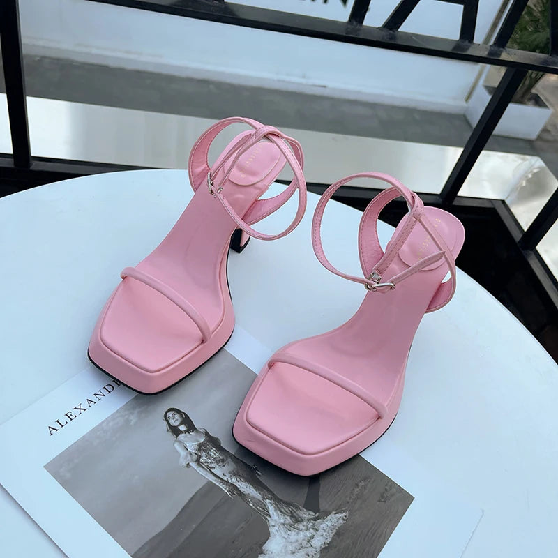 LBSFY  - Fashion Women Sandals Black White Blue Pink Open Toe Narrow Band Ankle Strap Thick High Heels Party Dress Sandals Dress Shoes