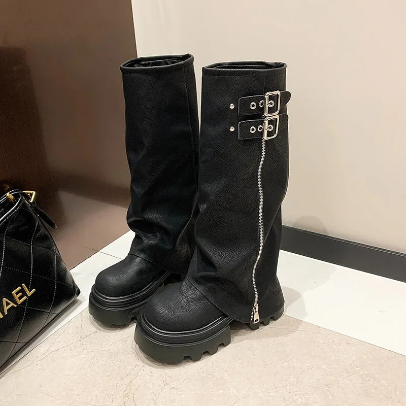 LBSFY -Designer Thick Soled Boots Western Knight Boots Long Tube Boots for Women in Autumn and Winter, Knee Length Slim High Tube Boot