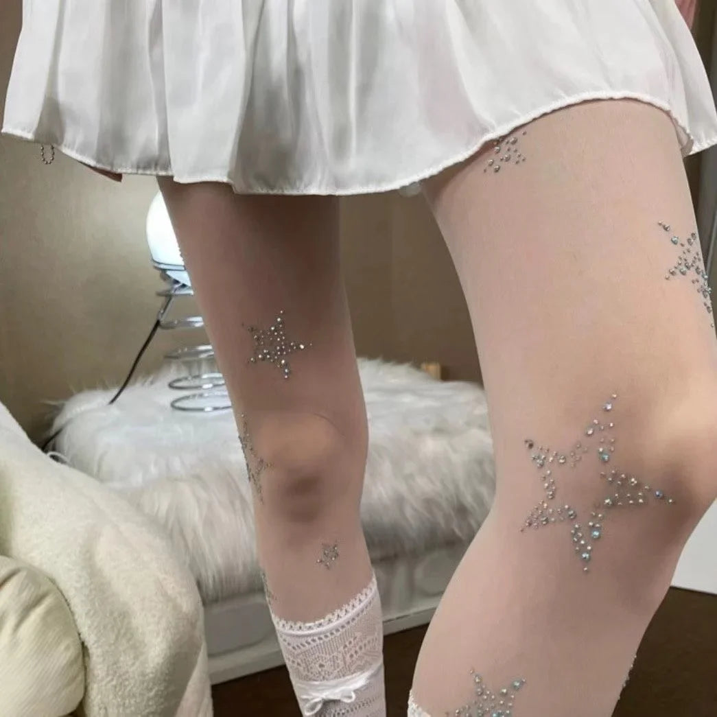 Lbsfy Y2k Star Diamond Rhinestone Fishnet Sexy Women Pantyhose Thigh High Stockings JK Lolita Girls Kawaii Bling Underwear Pantyhose