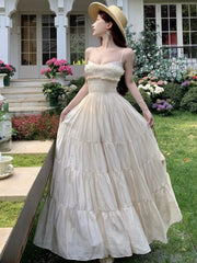 LBSFY -Elegant Fairy Chic Pleated Dresses Korean Patchwork Slim Waist A Line Sling Dress Women Princess Evening Vestidos Female Robe