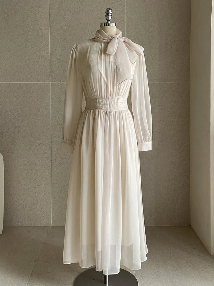 LBSFY -Elegant Midi Dresses for Women Korean Long Sleeves Half High Collar Lace-up A-line One Piece Vestido Mujer Autumn Fashion New