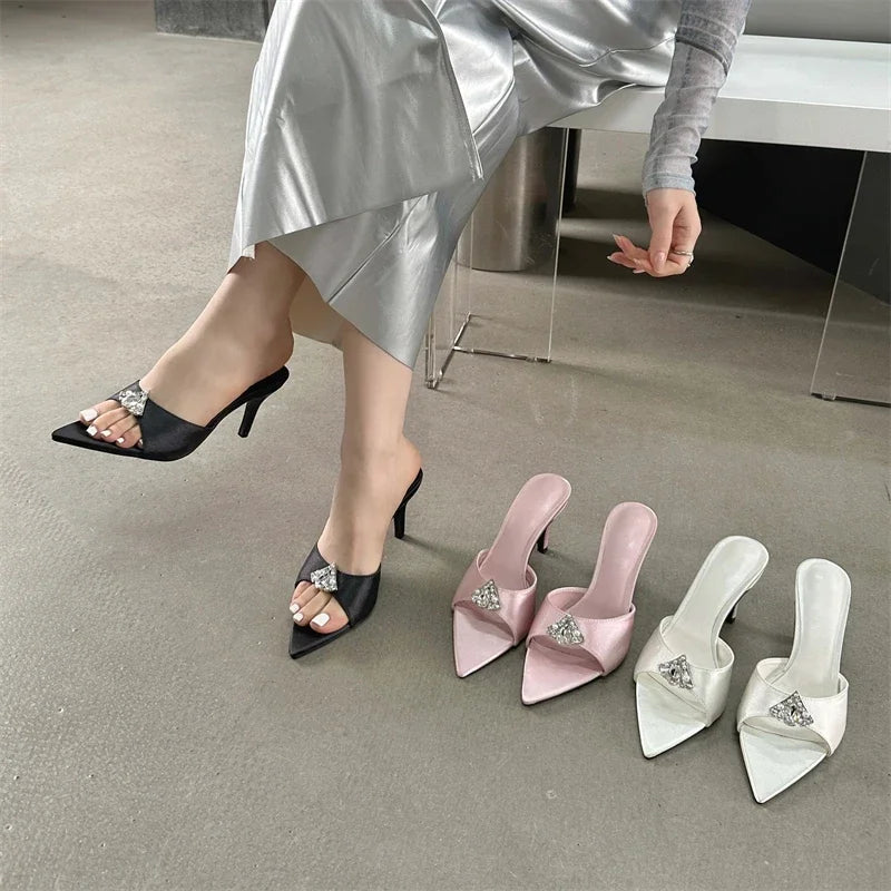 LBSFY  -  Fashion CRYSTAL Diamond Women Slippers 2024 Summer Pointed Toe Ladies Shoes Thin Heels Banquet Slides Sandals