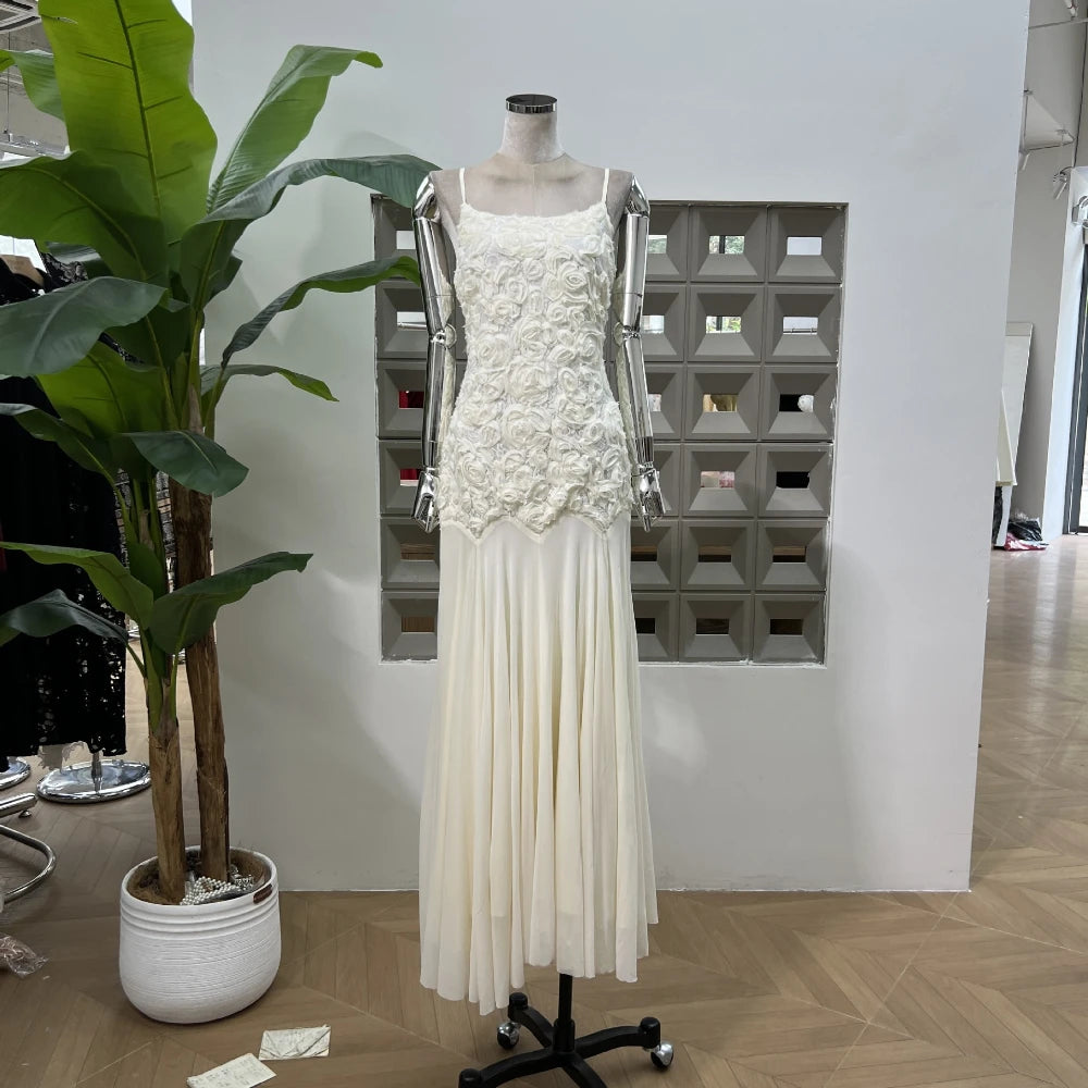 LBSFY -New Summer Edition Elegant 3D Floral Sling Long Dress Women Retro Backless Pleated Maxi Evening Party Chic Dresses Vestido