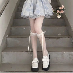 Lbsfy Sweet Bowknot Lace Stockings Women Thigh Knee Socks Black Thin Legging Lolita Thigh High Fishnet Stocking Gothic Punk Long Socks
