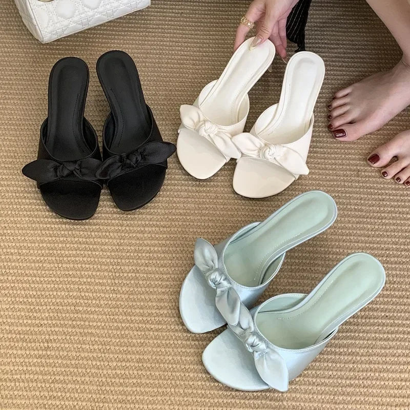 LBSFY -Satins Butterfly-knot Open Toe Women Slippers Fashion Thin Heels Sandals Summer Casual Party Dress Slide Shoes