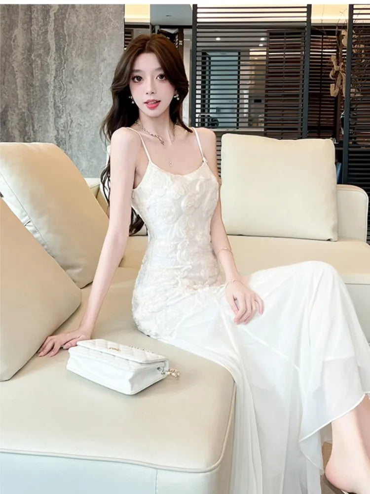 LBSFY -French Elegant Rose Mermaid Dresses For Women Summer Waist Embroidery Cinching Camisole Dresses Wedding Evening Party Prom Gown
