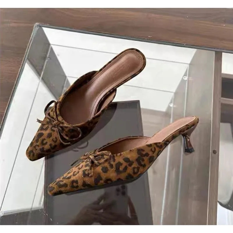 LBSFY -Women Baotou High Heel Half Slippers French Bow Sexy Commuter Pointed Shallow Mouler Shoes Stripper Mules Shoes High Heel Shoes