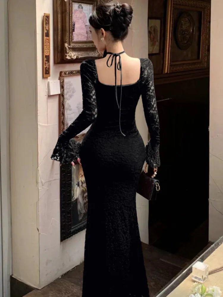 LBSFY -Elegant Tie Flowers Solid Evening Dresses Square Collar Flare Sleeve Lace Mermaid Long Dress Slim Party Vestidos Women's Clothes