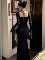 LBSFY -Elegant Tie Flowers Solid Evening Dresses Square Collar Flare Sleeve Lace Mermaid Long Dress Slim Party Vestidos Women's Clothes