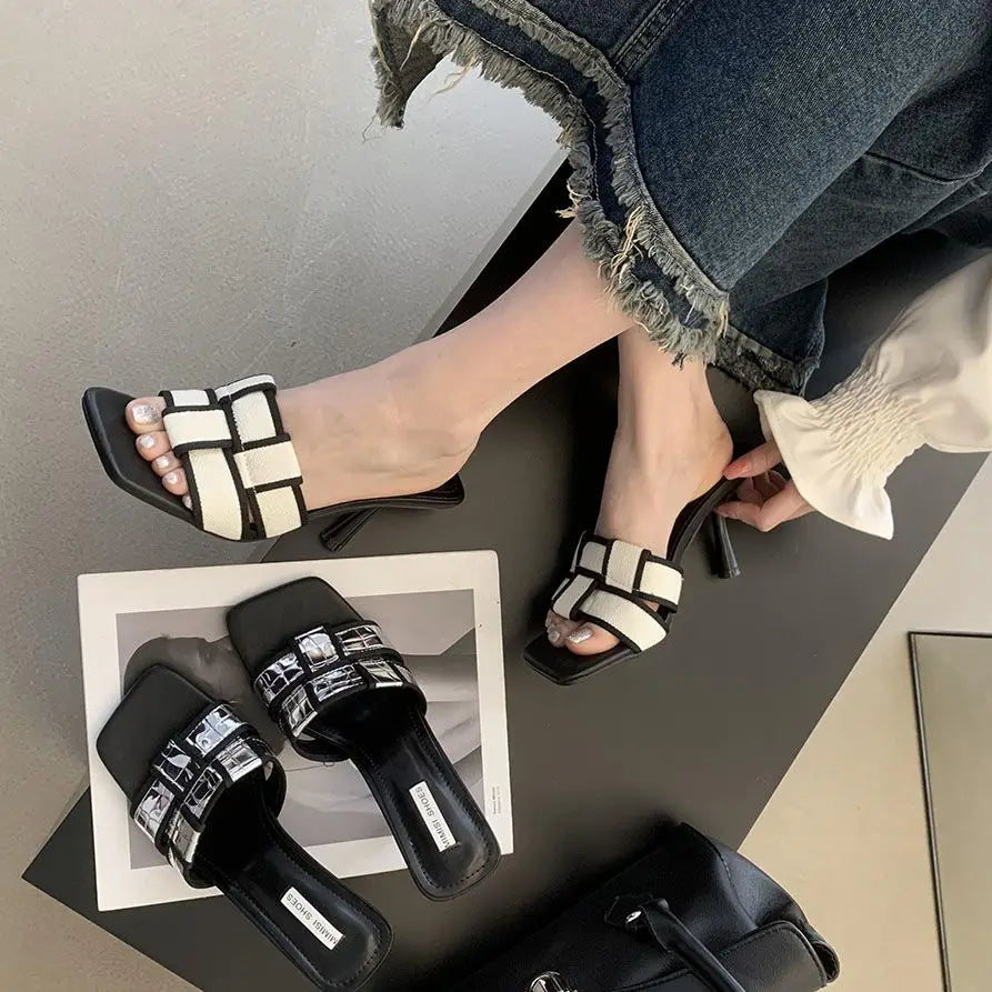 LBSFY  -  Weave Design Women Slippers Open Toe Summer Dress Shoes Thin High Heels Slides Slippers Party Pumps Wedding Black White 35-39