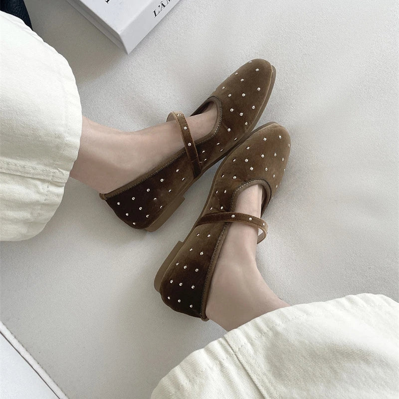 LBSFY -Rivet Decor Velvet Mary Janes Shoes Women Round Toe Elegant Ballet Flats Shoes Ladies Buckle Strap Spring Autumn Loafers New