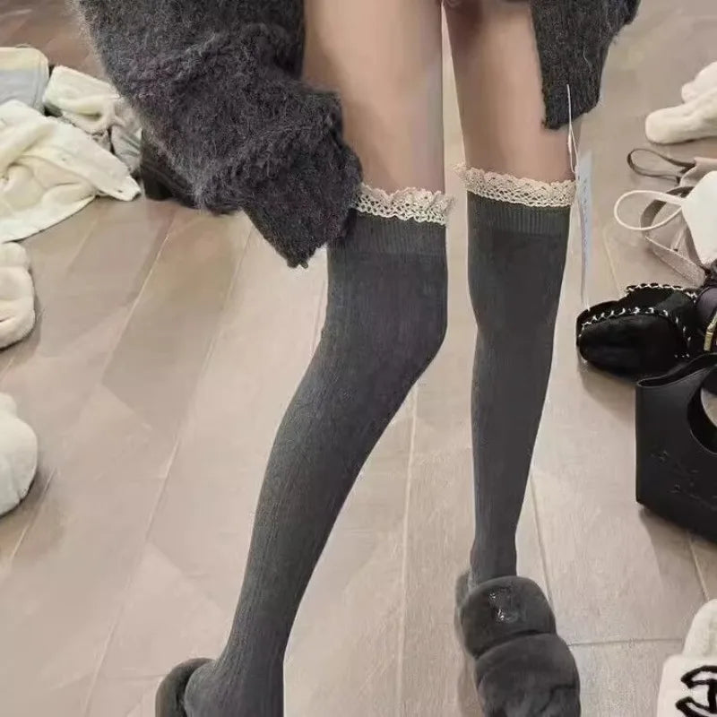 Lbsfy Academic Style Sexy Vintage Lace Long Knee Socks Premium Feel Light Luxury Warm Black White Grey Over Knee Thigh High Stockings