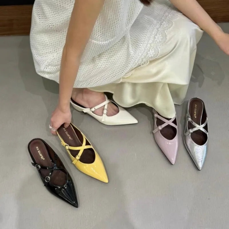 LBSFY -New Style Elegant Leather Sandals Women Sexy Pointy Toe Cross Strap Design Slide Sandals Luxury Party Dress Heel Sandalias