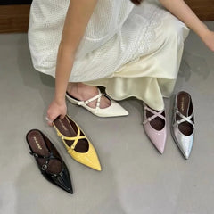 LBSFY -New Style Elegant Leather Sandals Women Sexy Pointy Toe Cross Strap Design Slide Sandals Luxury Party Dress Heel Sandalias