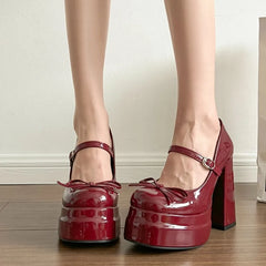 LBSFY -Super High Heel Mary Jane Shoes Women's Retro Round Toe Shallow Mouth Bow Platform One Strap Block Heel Single Shoes