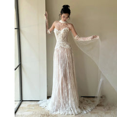 LBSFY -Strapless Wedding Dresses Sleeveless Luxury Lace Wedding Gown With Court Train Claccis A-line Brides Wedding Dresses Customized