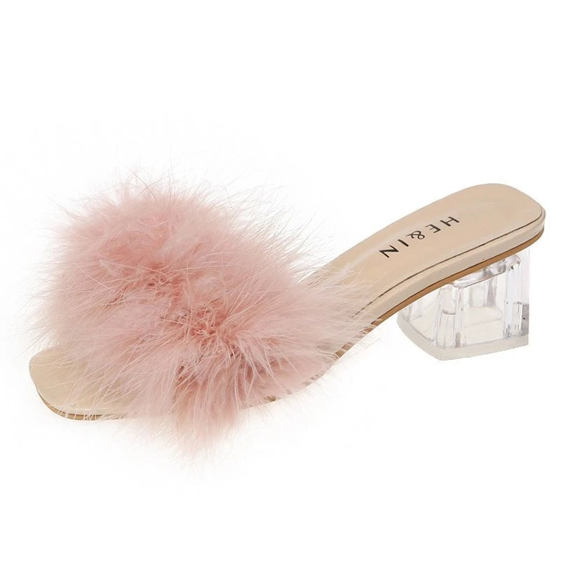 LBSFY -Fashion Slippers Women's Summer New Open Toe Plush Fox Fur Chunky with Flip Flops Sexy Home Banquet Square Toe Simple Pumps
