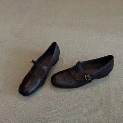 LBSFY -Version Mary Janes Low Heel Flat Bottom Women's Shoes Retro Simple Commuter Buckle Single Shoes Leather Upper