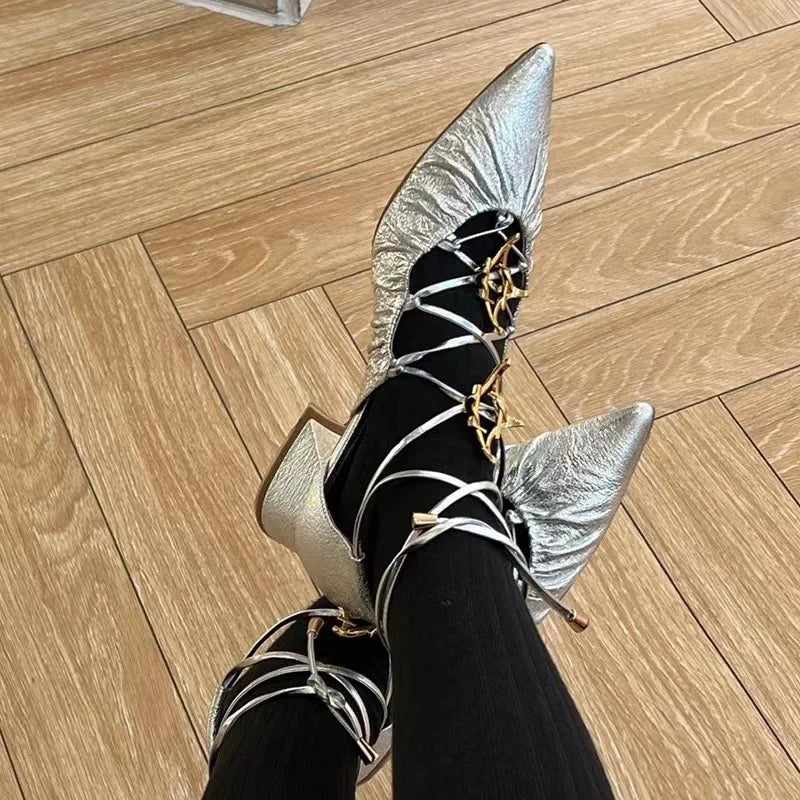 LBSFY  -  Pointed cross strap silver single shoe for women 2024 new star decoration thick heels, vintage shoes, Mary Jane shoes