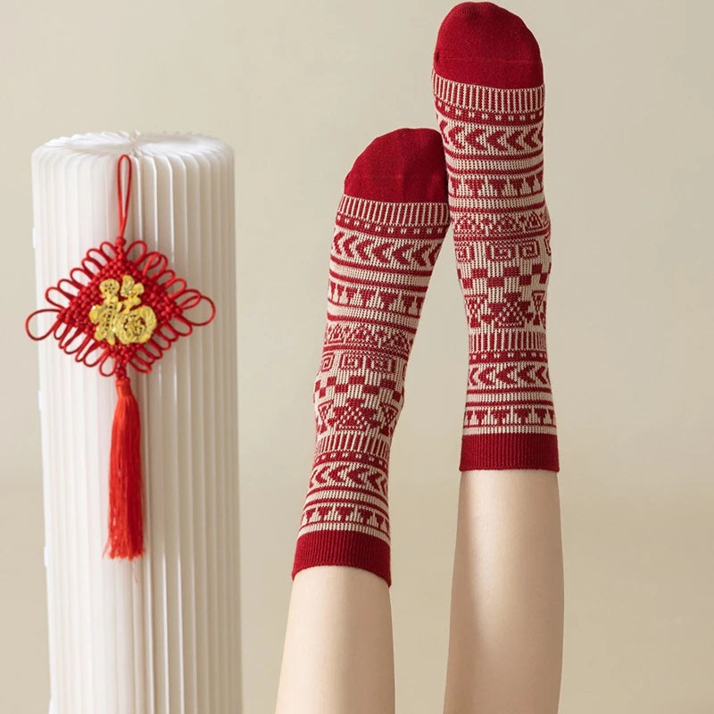 Lbsfy 6 Pairs Happy New Year Socks for Women Combed Cotton Fashion Red Christams Sock Sets Female Winter and Spring Double Needle Sock