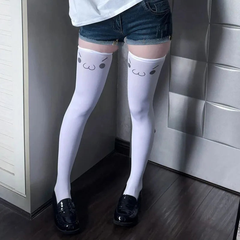 Lbsfy Japanese Kawaii Expression Thigh Socks White Print Long Socks JK Harajuku Over Knee Thigh High Stockings Y2K Cosplay Socks