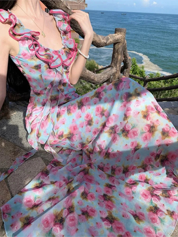 LBSFY -French Print Ruffles Princess Romantic Fairy Women's Dresses V-Neck Sleeeless Slim Waist Length Dress Beach Vacation Summer 2025