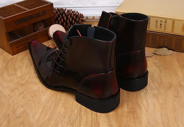 LBSFY  -  New Burgundy Black Matte Genuine Leather Pointed Toe Business Shoes Man Cross Tied High Top Flat Short Ankle Boots Size 47