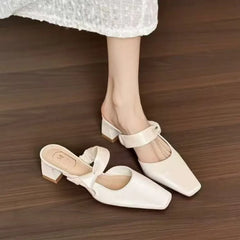 LBSFY -Summers New Style Evening Breeze Baotou Half Slippers French Low Heel Women's Shoes Summer New Thick Heel Slippers Zapatos Mujer