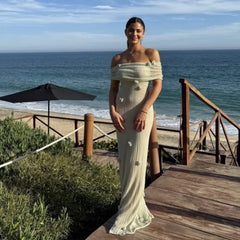 LBSFY -Women's New Vacation Style Strapless Long Dress 3D Flower Fashion Chic Beach Dresssolid Color Knitting Party Summer Dress