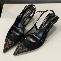 Lbsfy Leopard Sexy Pointed Toe Sandals Women Mesh Fashion Slingback Shoes Shallow Designer High Heels Dress Shoes Sandalias De Mujer