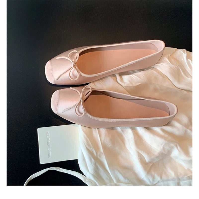 LBSFY -Fashion Design Silk Ballerinas Women Pumps Slip On Loafers Round Toe Square Heels Bowknot Casual Spring Autumn Shoes