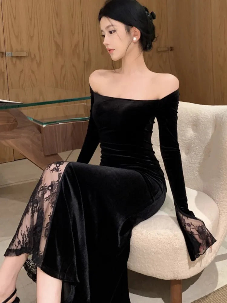 LBSFY -Women's Sexy Black Velvet Dress Elegant Chic Off Shoulder Lace Split Evening Party Dresses Autumn Female Bodycon Vestidos Mujer