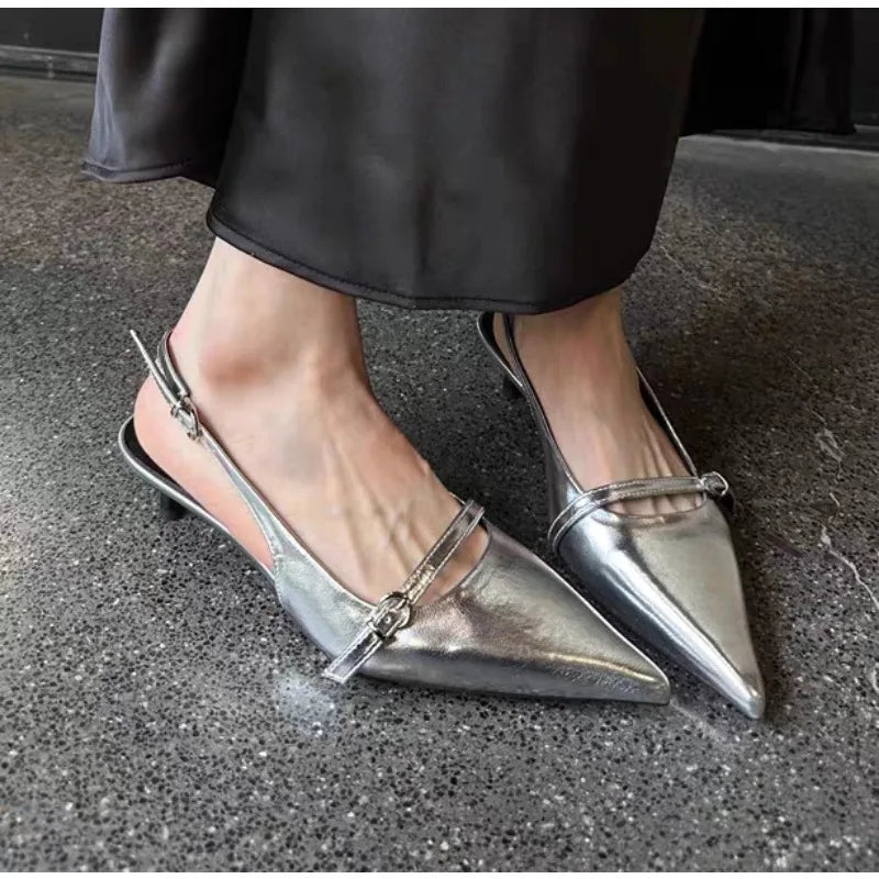 LBSFY -Pointed Toe Buckle Strap Ladies Sandals Solid Shallow Fashion Sexy Party Slingbacks 2025 Summer High Heeled Shoes Woman Pumps