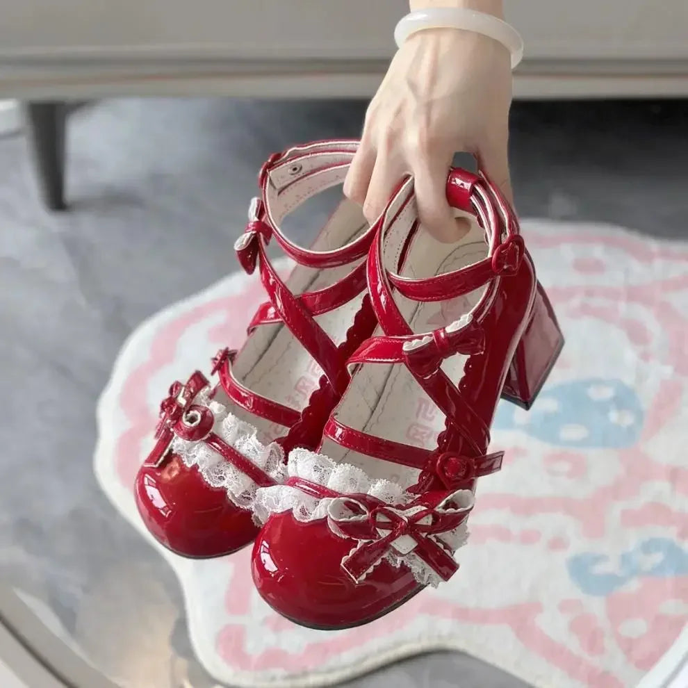 LBSFY -Lolita Red High Heels Cute pumps Shoes spring Autumn Lace Thick high heels Single Shoes Patent Leather Mary Jane Women's Shoes