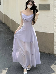 LBSFY -Summer Fairycon Korean Floral Long Womens Dresses New Fashion Slim Waist Spaghetti Strap Party Dress 2025 Holiday Vacation Robe