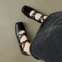 LBSFY  -  Shallow Rivet Low Heel Pumps Buckles Strap Decoration Punk Genuine Leather Women Pumps Fashion Party 2025 Spring Pumps