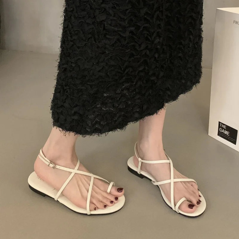 LBSFY -Summer New Brand Women Sandal Fashion Narrow Band Ladies Elegant Gladiator Shoes Soft Flat Heel Outdoor Dress Shoes Muj