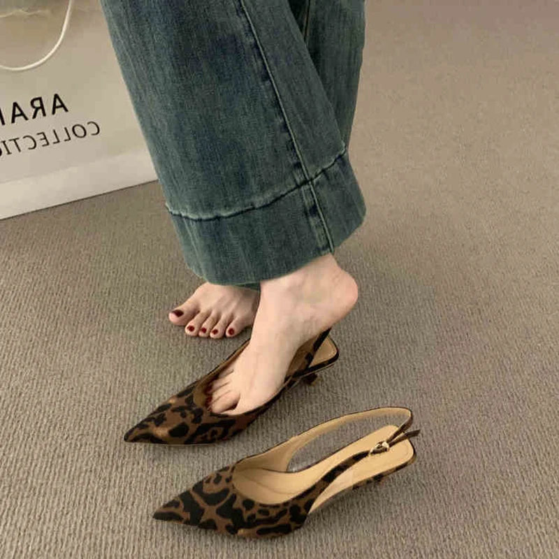 LBSFY  Summer Pointed Toe Thick Heel Women Sandals Fashion Leopard Print Ladies Stripper Party Sandalias