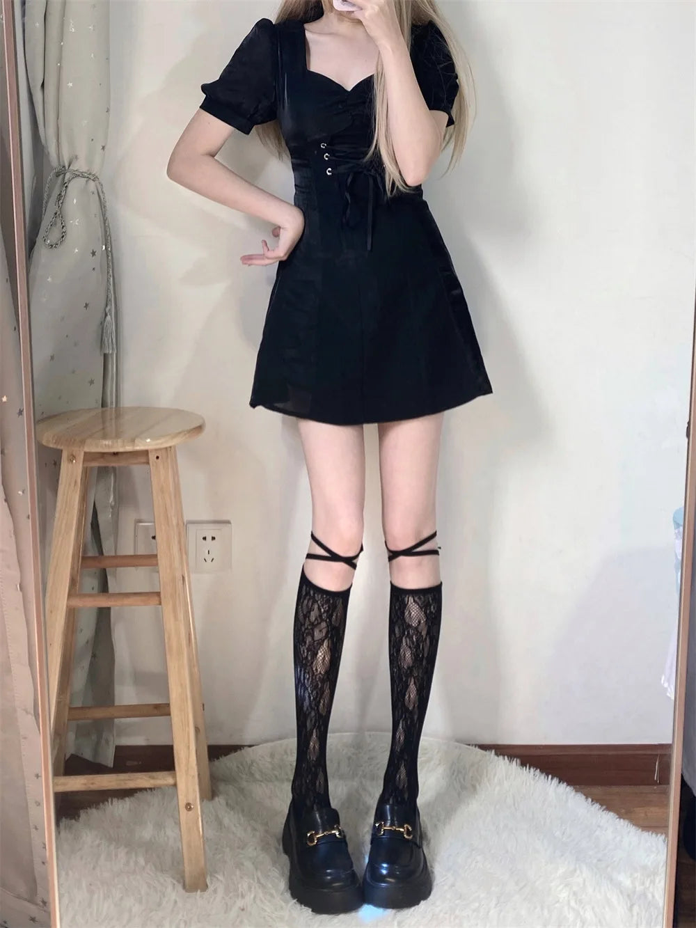 Lbsfy Solid Color Bowknot Hollow Lace Stockings Woman Summer Middle Tube JK Lolita Cute Socks Black White Fishnet Stockings for Women
