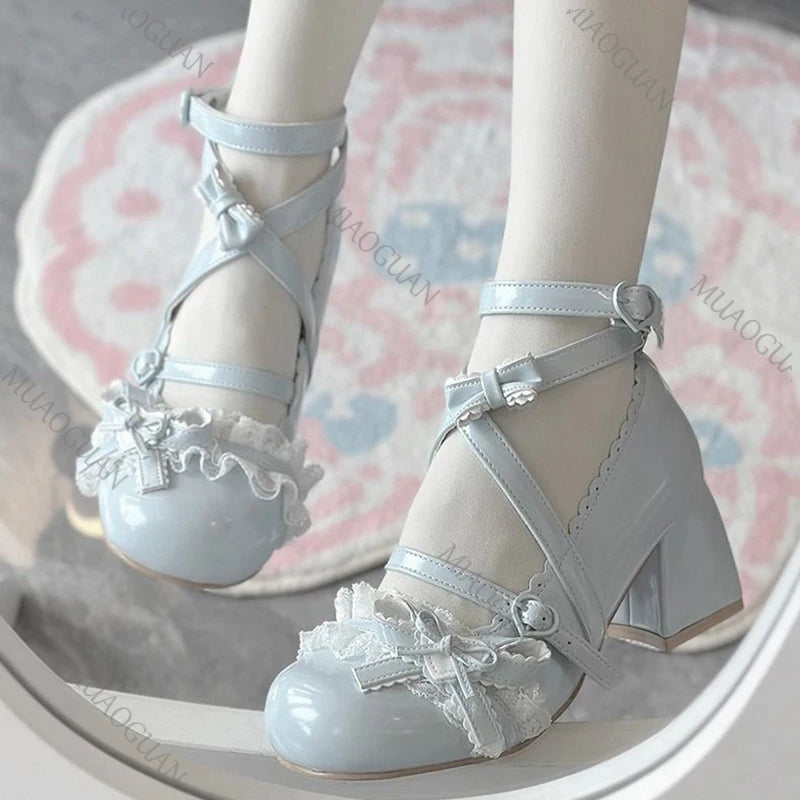 LBSFY -Lolita Red High Heels Cute pumps Shoes spring Autumn Lace Thick high heels Single Shoes Patent Leather Mary Jane Women's Shoes