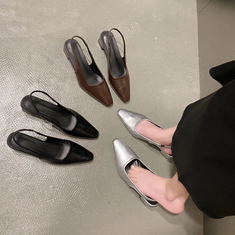 LBSFY -Summer New Women Sandal Fashion Pointed Toe Shallow Slip on Ladies Elegant Slingback Shoes Thin Med Heel Dress Mules
