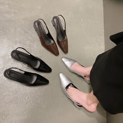 LBSFY -Summer New Women Sandal Fashion Pointed Toe Shallow Slip on Ladies Elegant Slingback Shoes Thin Med Heel Dress Mules