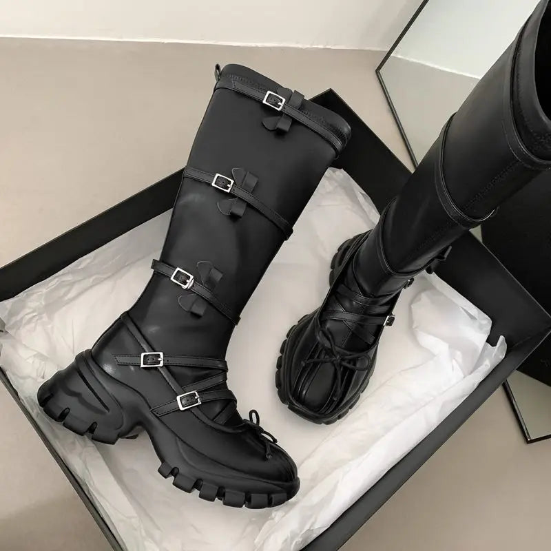 LBSFY  -  2024 New Genuine Leather Boots Women Buckle Platform Knee High Boots Autumn Winter Women's Motorcycle Boots