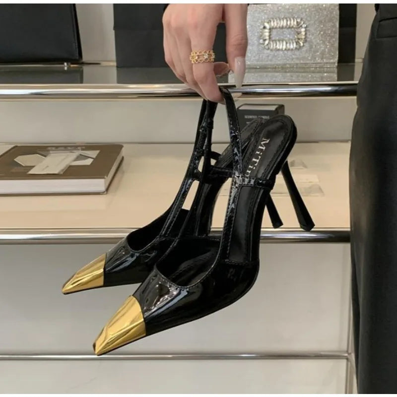 LBSFY -Designer Street Style Back Strap Pumps Women Sexy Splicing Pointed Toe Elegant Thin Low Heels Mule Party Dress Shoes Sandal