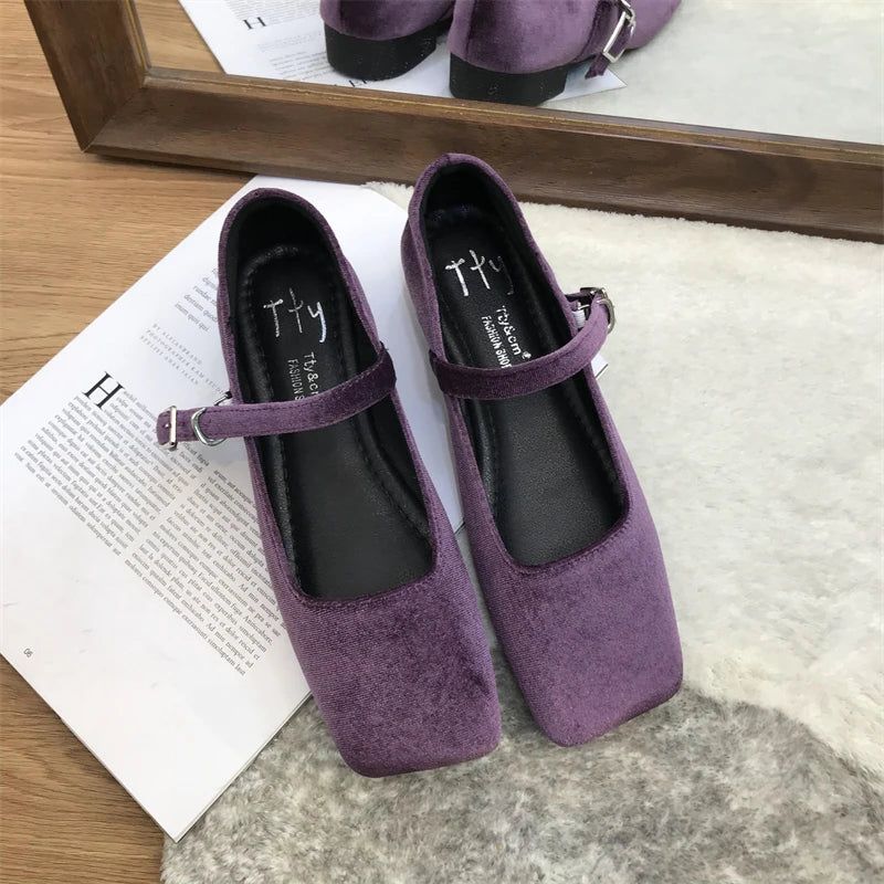 LBSFY -Fashion Women's Velvet Flats Ladies Square Toe Shallow Buckle Casual Ballet Shoes Slip-on Outdoor Mary Jane Shoes