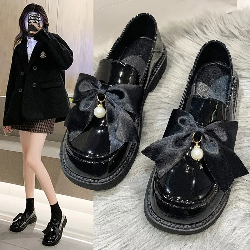 LBSFY  -  Bowtie Pu Leather Lolita Japan School Shoes British Style Spring Autumn Jk Uniform Women Goth Japanese Retro Thick Mid Heel 3cm