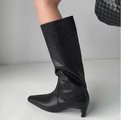 LBSFY  -  New Women Dark Green Black Crocodile Patterned Leather Pointed Square Toe 45 mm Kitten Heel Tube Slip On Knee High Boots Shoes